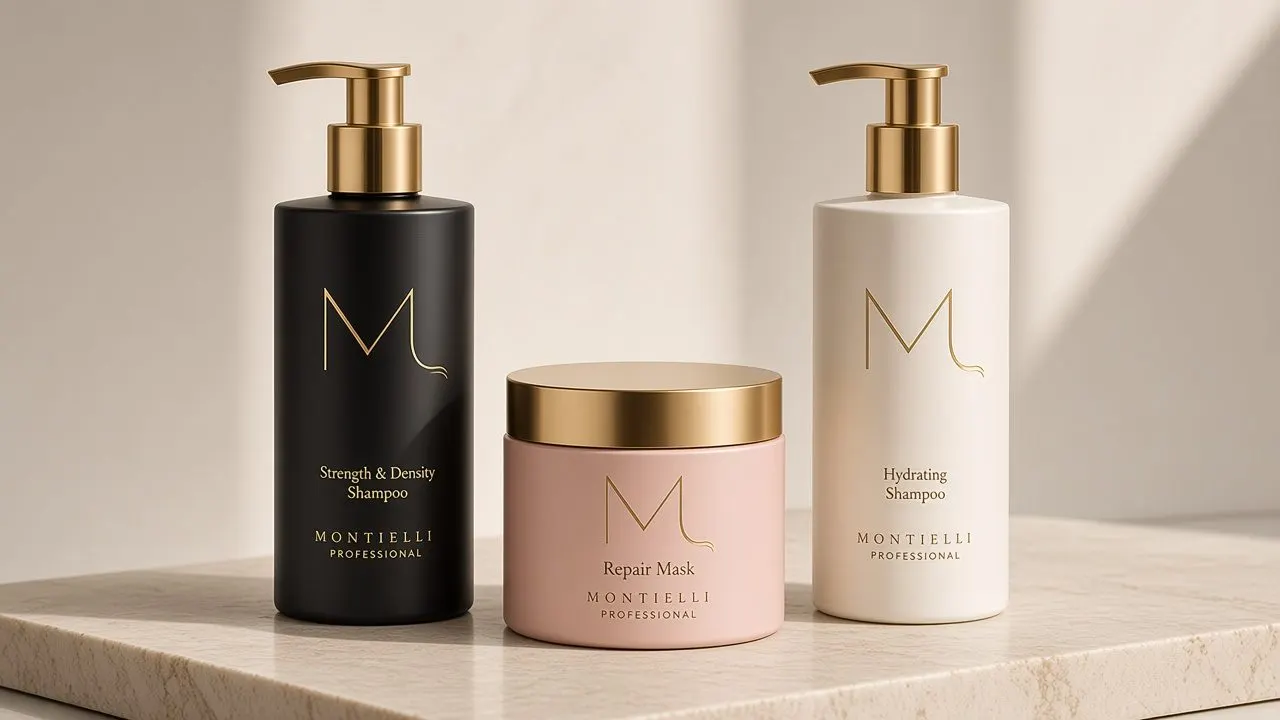 Montielli Strength & Density Shampoo, Repair Mask and Hydrating Shampoo on stone