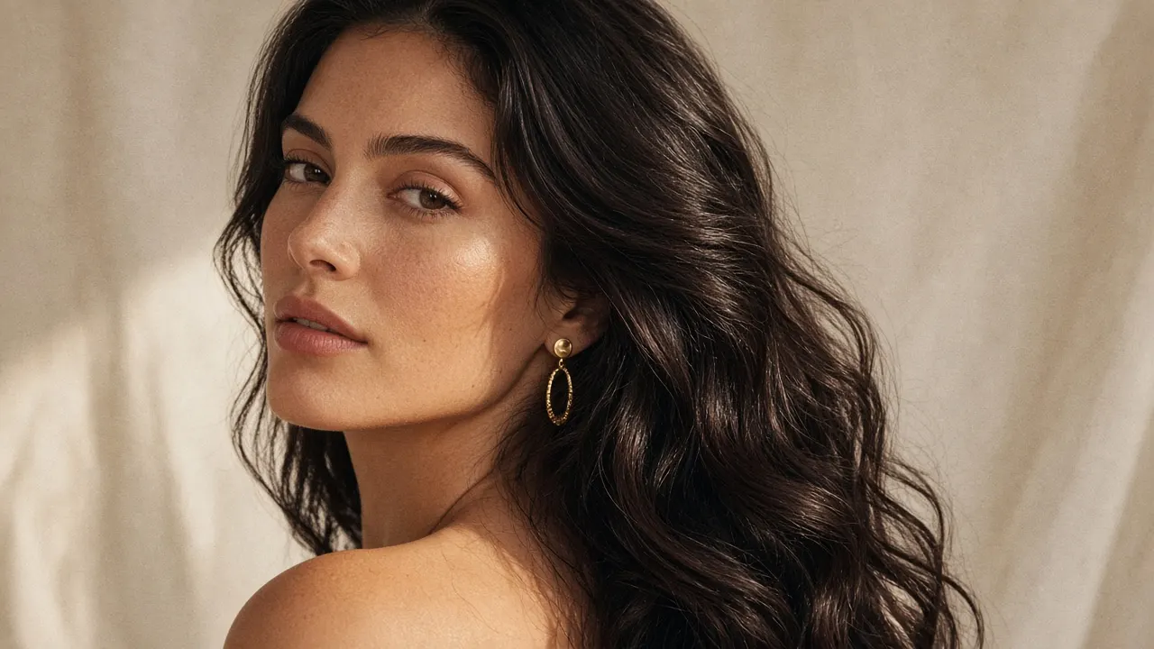 Model with long, glossy dark waves
